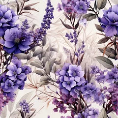 Gordijnen Lavender flowers seamless pattern. Watercolor natural illustration of Provence herbs on a white background. AI © Dasha Yurk