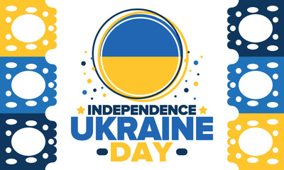 Ukraine Independence Day. National happy holiday, celebrated annual in August 24. Ukrainian flag. Blue and yellow. Patriotic elements. Poster, card, banner and background. Vector illustration