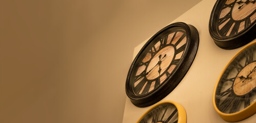 Time concept, bunch of watches. Clocks showing different time on a solid background