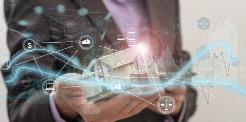 Global business, digital technology, social media marketing concept. Business man using digital tablet computer with global internet connection and smart city, business intelligence, data science