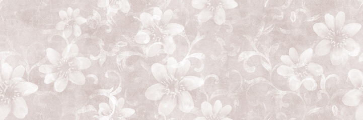 Cement and white ornament flowers pattern. Lines marble texture background