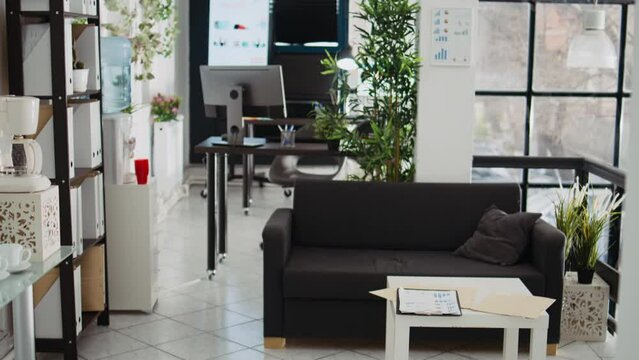 Small business offices with sofa, coworking space with empty workstations with supplies and documents. Modern furniture decorations and professional desks, startup company place.