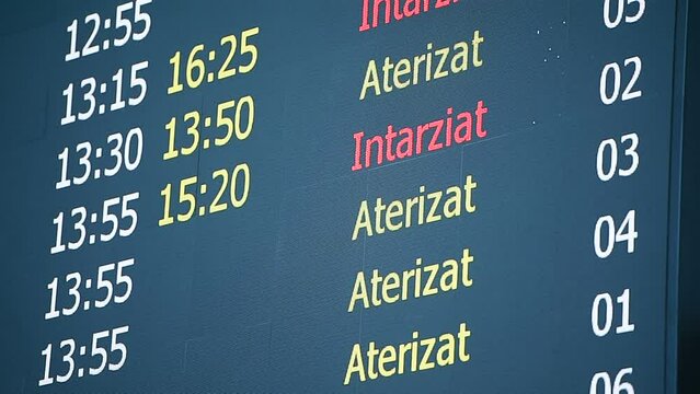 OTOPENI, ROMANIA - JUNE 30, 2023: Flights information display in Bucharest Otopeni International Airport.