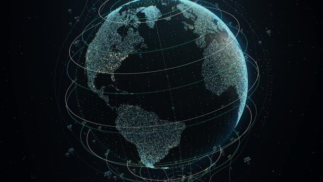 Animated digital grid over the 3D big data Earth globe. Worldwide 5G communications signal transmission. Global internet network connection. Modern information technologies and digitalization concept.