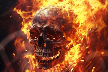 Burning human skull, creepy dead man bones in flames illustration. Death, tragedy, mysticism, hell concept