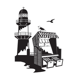 Naklejka premium Illustration Strandkorb mit Leuchtturm Warnemünde