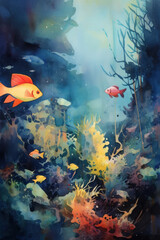 Fototapeta na wymiar Watercolor fish swim in an underwater, dark blue background.