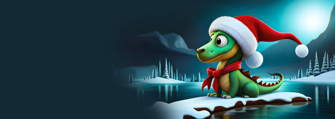 cute green dragon in santa hat, symbol 2024 new year on winter background created with generative ai technology