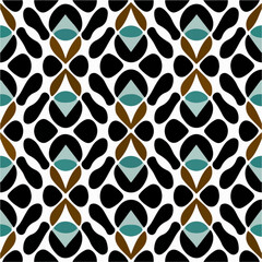 Striking black and white background hosts captivating blue and brown shapes. The pattern showcases an art deco influence and creates an abstract composition. It serves as a captivating repeating.