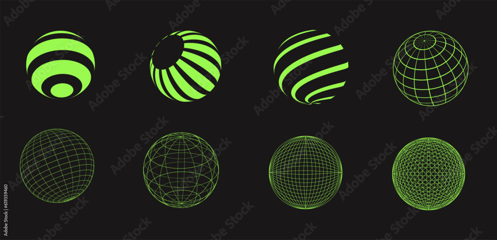 Wall mural set of wireframe shapes. cyber neo futuristic grids, 3d mesh objects and shapes. wireframe wavy geom