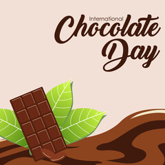 International chocolate day banner. Design with brown background, chocolate bar and splash