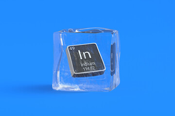 Indium In chemical element of periodic table in ice cube. Symbol of chemistry element. 3d render