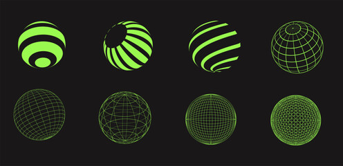 Set of wireframe shapes. Cyber neo futuristic grids, 3d mesh objects and shapes. Wireframe wavy geometric perspective ball, sphere. 80s cyberpunk elements, vector set.