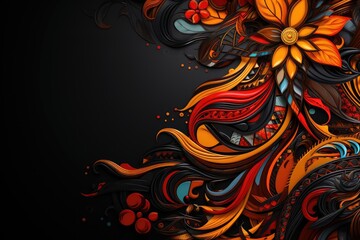 African etnic tribal floral pattern drawing on black background, colorful layered forms, dark black and orange, detailed character illustrations, colorful curves