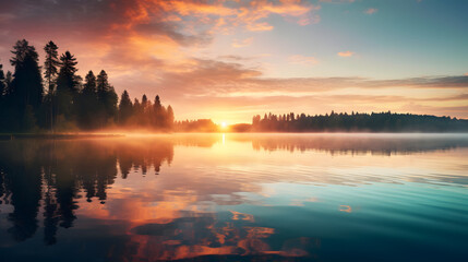 A peaceful lake surrounded by tall trees, with the sky ablaze in a beautiful sunset. Nature's beauty is at its best here.