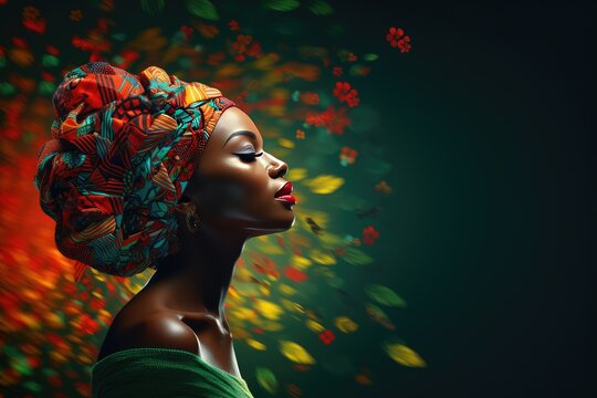 Young african woman in headdress or turban with colors of african flag background, for black history month, juneteenth, keti koti or remembrance abolition. Created with generative AI.