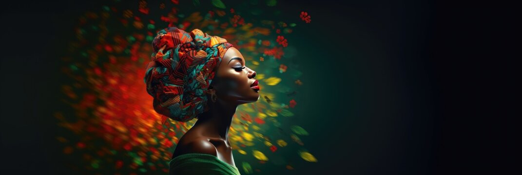 Young african woman in headdress or turban with colors of african flag background, for black history month, juneteenth, keti koti or remembrance abolition. Created with generative AI.