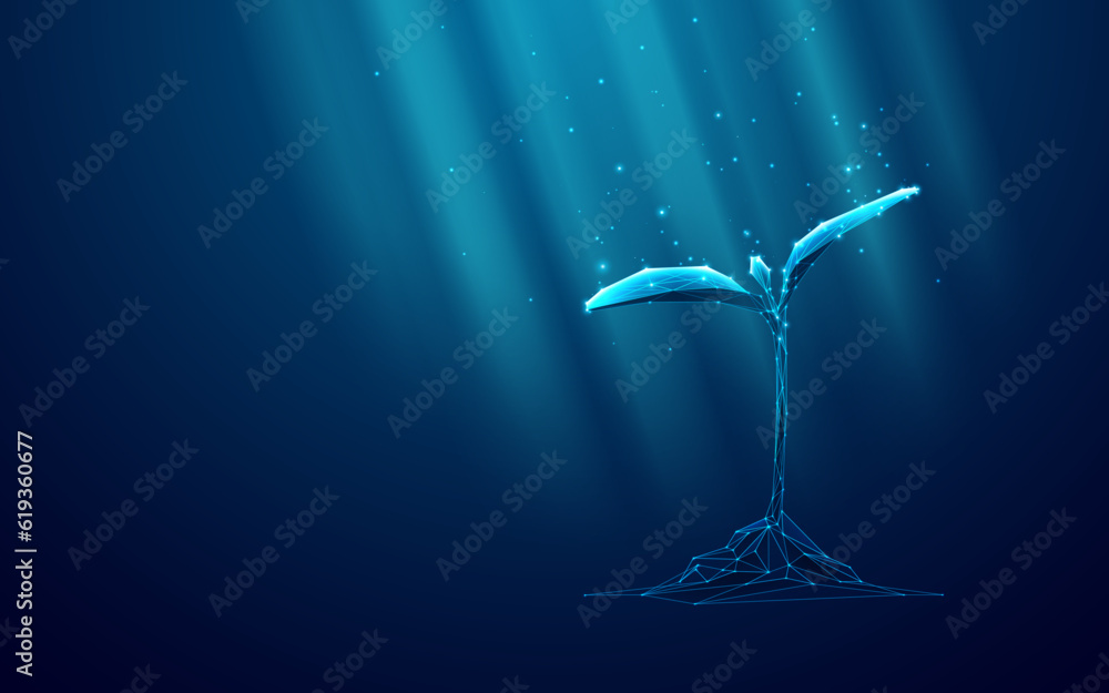 Aufkleber digital sprouting plant on dark blue background. agriculture technology concept. low poly wireframe 