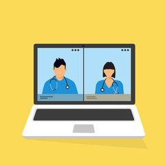 Videoconferenza  medici uomo donna online via webcam su computer portatile colore illustrazione  piatta isolata su sfondo
