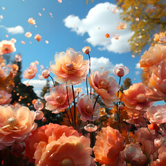 giant colorfuls big flowers flying in the sky, orange yellow gradient in background, ultra realistic, photographic