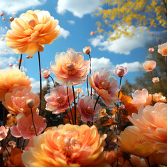 giant colorfuls big flowers flying in the sky, orange yellow gradient in background, ultra realistic, photographic