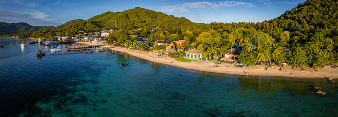Aerial view of Mae Haad Beach and pier in koh Tao, Thailand