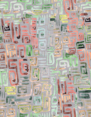 Obraz premium Abstract curve shape background with doodle, minimalistic elements. Smooth bend shape filled with watercolor marbling, striped texture seamless pattern. Hand painted water color illustration