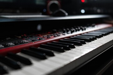 Red piano keys close up synthesizer inside a music studio modern setup grey desk.  