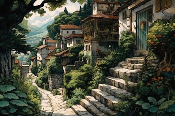 Fototapeta na wymiar ヨーロッパ風の山間にある自然豊かな村：AI作品 