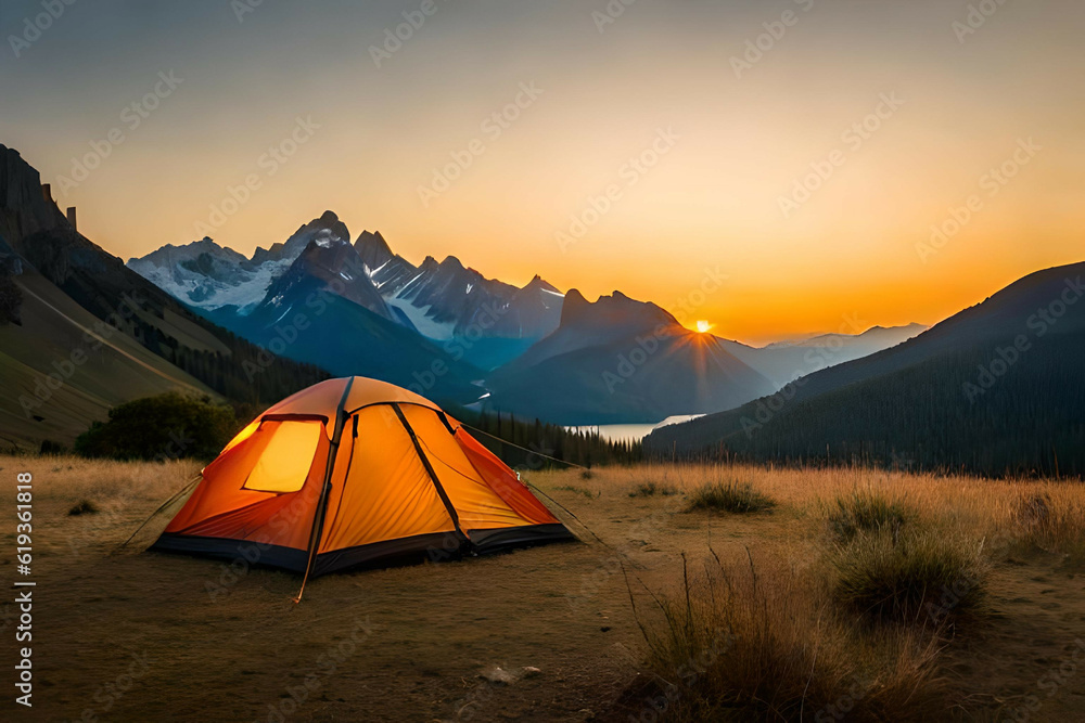 Wall mural camping tent high in the mountains at sunset