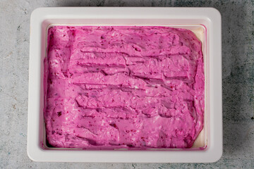 Beetroot, yogurt and garlic appetizer on gray background. Healthy appetizers. local name pembe...