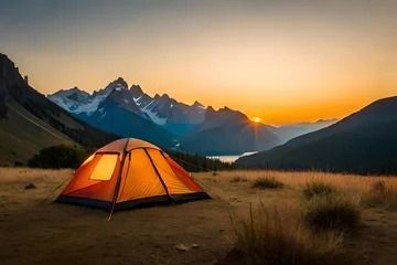 Papier Peint photo Lavable Camping  camping tent high in the mountains at sunset