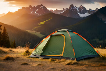  camping tent high in the mountains at sunset