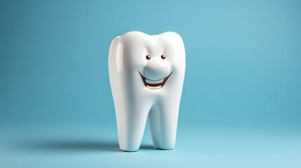 a white personified tooth with smiling face. Created with Generative AI technology. 