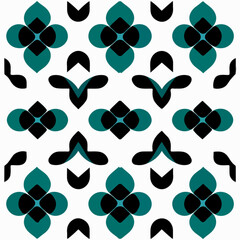 Fototapeta premium Lively white background showcases a delightful blue and black pattern, featuring motifs reminiscent of peppermint, flowers, and Persian.