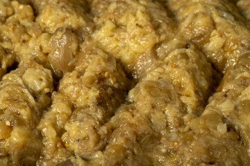 Roasted eggplant salad. Healthy appetizers. food background. Close up. local name koz patlican salatasi