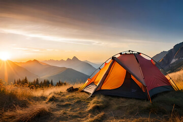  camping tent high in the mountains at sunset - obrazy, fototapety, plakaty
