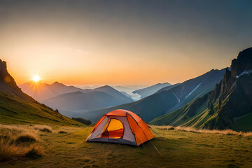  camping tent high in the mountains at sunset