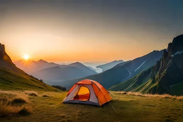 Poster  camping tent high in the mountains at sunset © Shrimpers Design