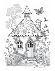 Cute Fairy Cottage Coloring Book, Kids Adult Coloring Pages