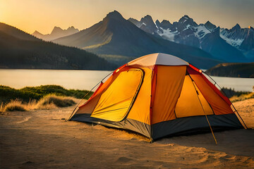  camping tent high in the mountains at sunset