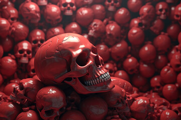 Death, hell, mysticism, horror concept. Bunch of red skulls, bloody human bones
