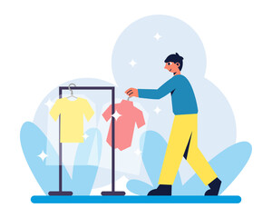 Worker holding hanger with clean t-shirt, prepare clothes for clients. Concept of housekeeping and clean clothes. Time for professional clothes cleaning. Vector illustration in blue colors