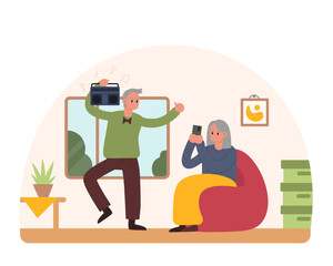 Happy lady sitting in armchair and taking pictures of man dancing with record player. Concept of happy retirement. Positive seniors spending time indoors. Vector flat illustration