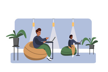 Woman and man sitting in chair and working on laptops. Concept of increasing productivity and efficiency in business. Contemporary coworking center. Vector flat illustration in blue colors
