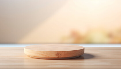 Empty beautiful round wood tabletop counter on interior in clean and bright with shadow background,...