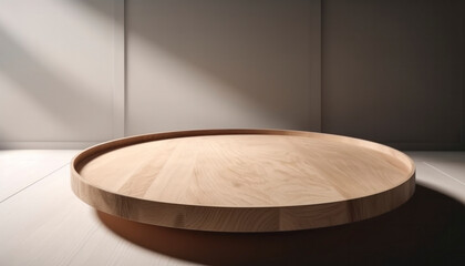 Empty beautiful round wood tabletop counter on interior in clean and bright with shadow background, Ready, clear background, Banner, for product montage
