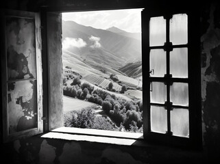view from the window in a mountainous landscape in black and white