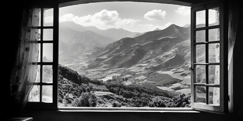 view from the window in a mountainous landscape in black and white