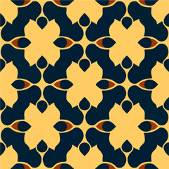 Striking black and yellow abstract pattern with vibrant orange circles, reminiscent of both art deco and art nouveau styles.